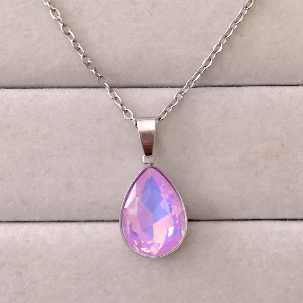Lilac Lavender Opal Aurora Borealis + Stainless Steel Pear Crystal Drop Necklace - Picture 3 of 7
